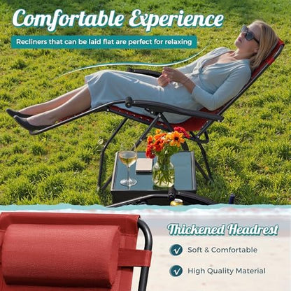 Homall Zero Gravity Patio Folding Lawn Reclining Lounge Chairs Outdoor Gravity Camp Chairs with Cup Holder Pillows for Poolside Backyard and Beach Set of 2 (Red)