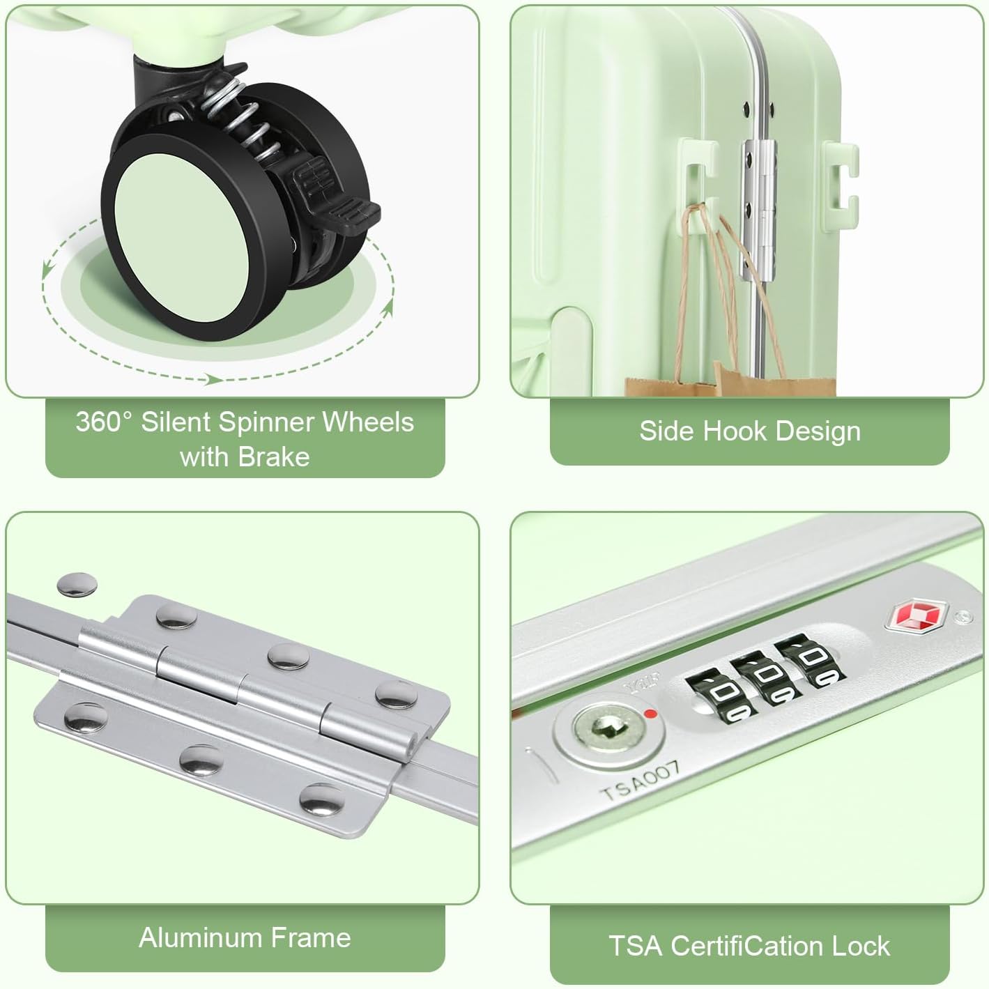 MRPLUM Carry On Luggage Double Handle Suitcase with Net Pocket,Hard Shell Spinner Wheels Luggage with TSA Lock&Seat Belt,20 inch,Green