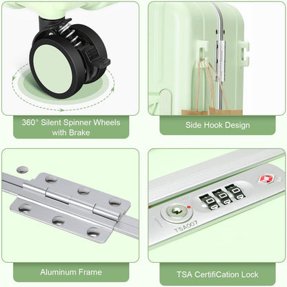 MRPLUM Carry On Luggage Double Handle Suitcase with Net Pocket,Hard Shell Spinner Wheels Luggage with TSA Lock&Seat Belt,20 inch,Green