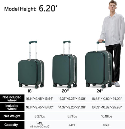mixi Carry On Luggage, 18” Suitcase with Front Laptop Pocket, Travel Luggage Aluminum Frame PC Hardside with Spinner Wheels & TSA Lock and Cover (Not for Underseat), Blackish Green