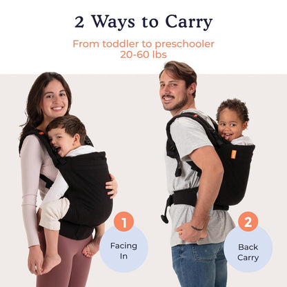 Beco Baby Carrier Toddler Carrier with Extra Wide Seat - 100% Cotton Carrying Backpack Style & Front-Carry,Lightweight & Breathable Child Carrier, Toddler Sling Carrier 20-60 lbs (Metro Black)