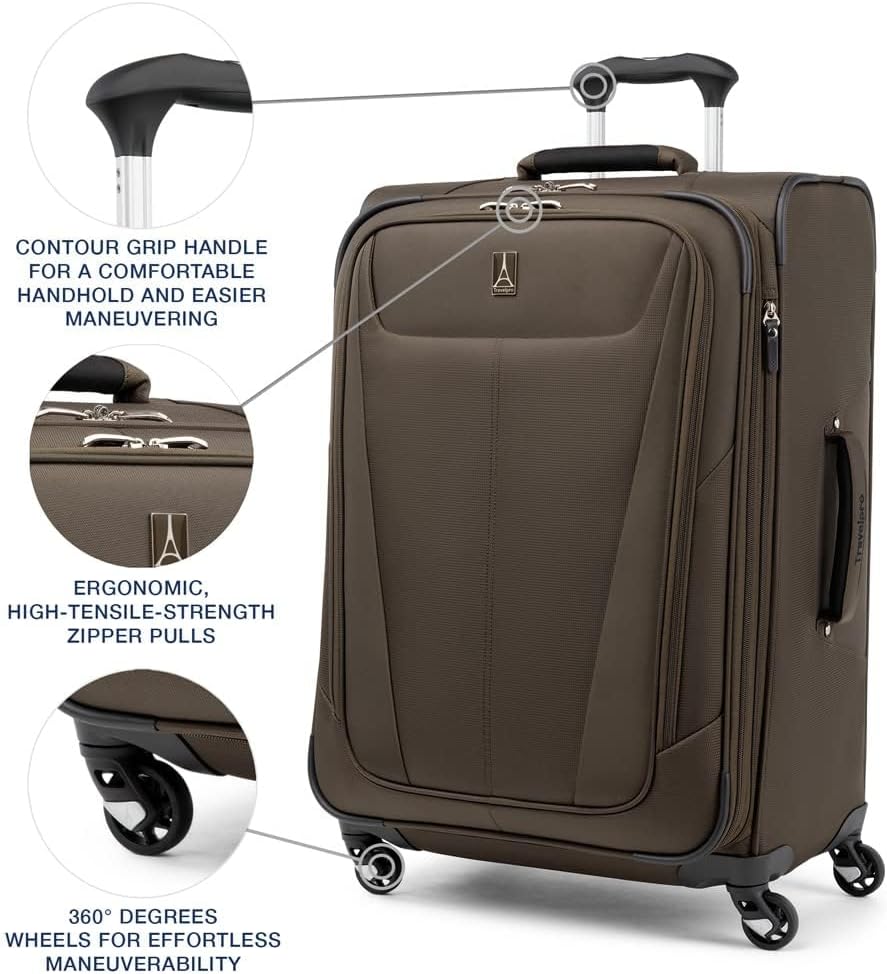 Travelpro Maxlite 5 Softside Expandable Checked Luggage with 4 Spinner Wheels, Lightweight Suitcase, Men and Women, Mocha, Checked Medium 25-Inch