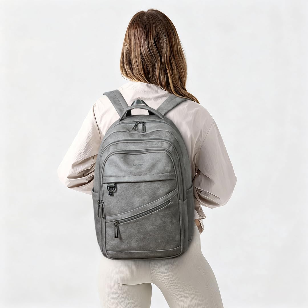 43L Backpack for Women Men - Vegan Leather Backpack Purse Travel Carry-on Bag College Bookbag Work fits 17" Laptop,DimGray