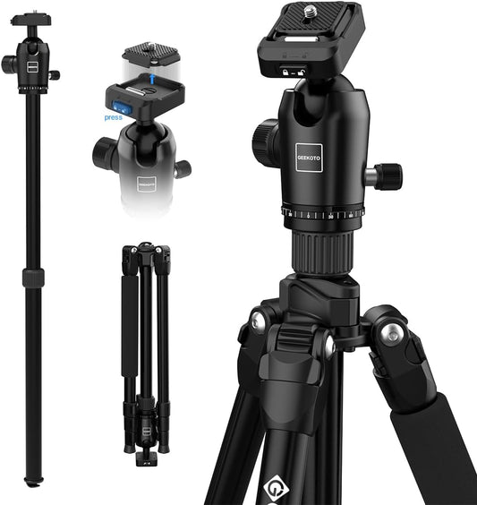 Geekoto 73-Inch Camera Tripod - Lightweight DSLR Tripod with 360° Ball Head & Quick Release Plate, Supports Up to 33.07 lbs, Portable for Travel & Outdoor Photography