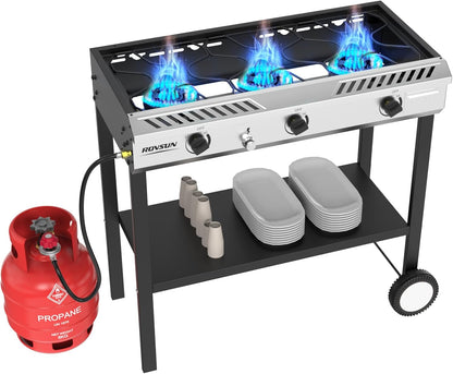 ROVSUN 3 Burner Outdoor Propane Burner with Ignition & Regulator, 225,000 BTU Powerful & Portable Gas Stove Outdoor Stand Cooker for Backyard Patio Cooking Home Camping Brewing Canning Turkey Frying