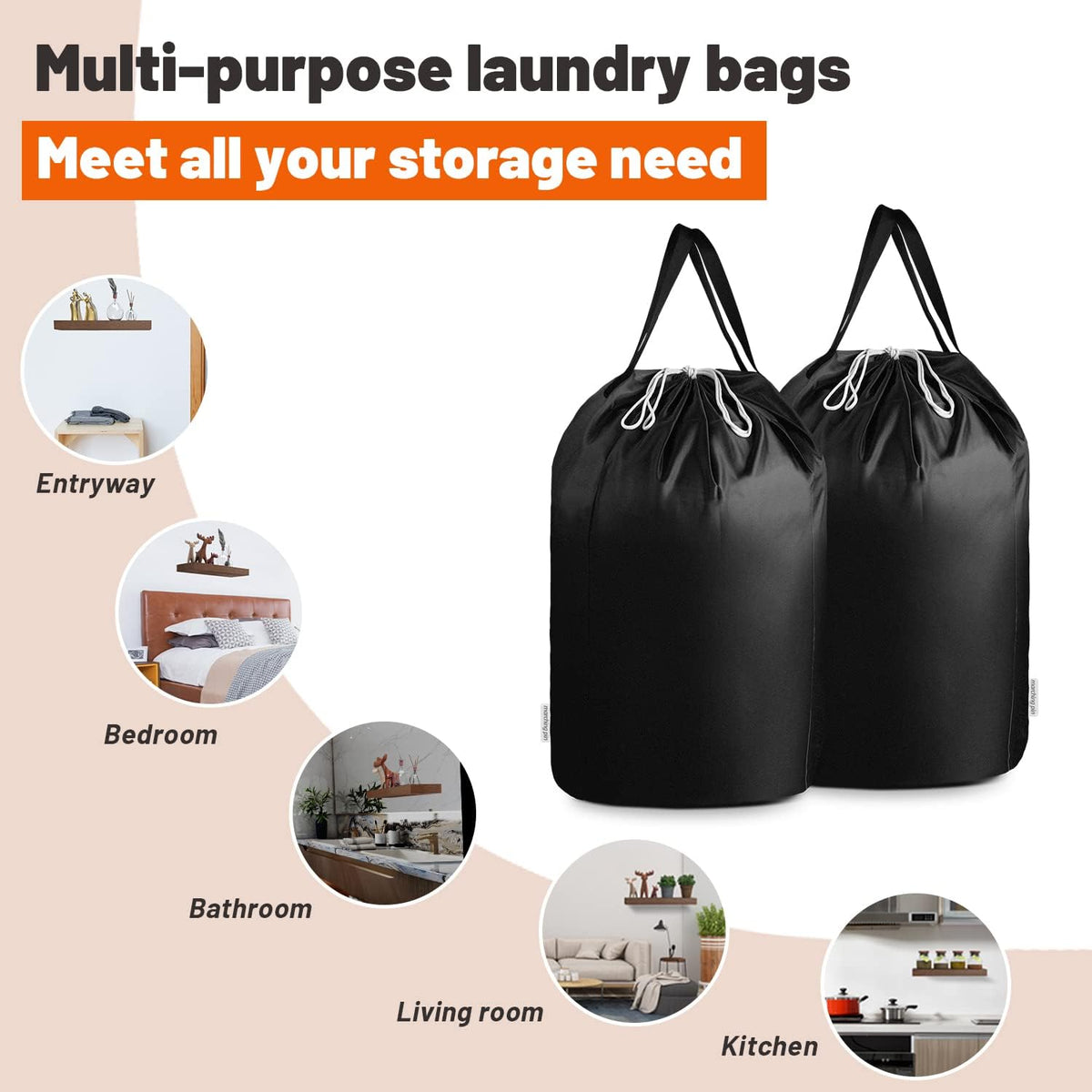 MCleanPin Washable Laundry Bags with Handles,140L Dirty Clothes Storage Bag for College Dorm or Travel, Laundry Liner Fit Most Laundry Hamper or Basket,2 Pack (Classic Black)