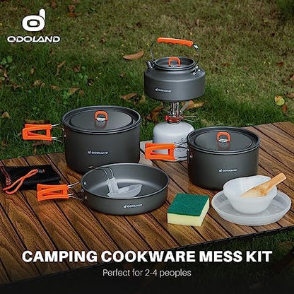 Odoland 15pcs Camping Cookware Non-Stick Lightweight Camping Pots and Pans Set with Kettle Plastic Plates Bowls Soup Spoon for Camping, Backpacking, Outdoor Cooking and Picnic