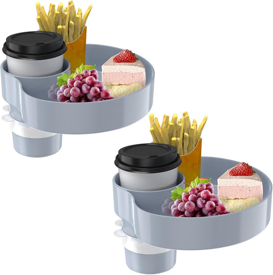 [2 Packs] Kids Car Seat Tray, Travel Tray with Cup Holder for Toddler Baby, Kids Car Seat Food Snack Organizer for Road Trip, Stroller snack Organizer Travel Must Haves (Light Grey, 2 PCS)