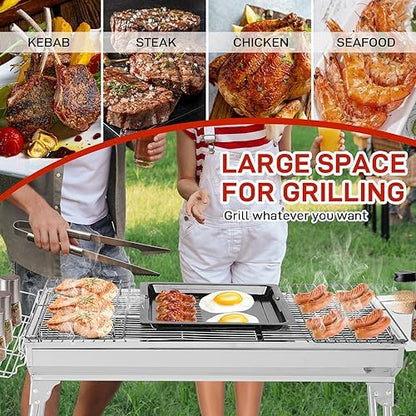 Karl home Portable Charcoal Grill, 39 x 12x 28" Foldable Barbecue Grill, Stainless Steel BBQ Grill for Cooking Outdoor Camping Garden Beach Party Hiking Picnic(Large)