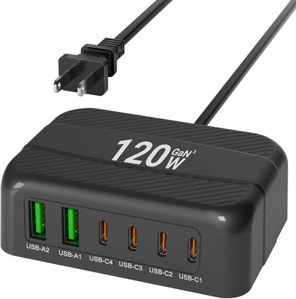 USB C Charger, BURUDU 120W 6 Port USB C Charging Station,Multiports with 4 USB C and 2 QC USB A,Portable PD Fast USB C Wall Charger for iPhone16/15/14/13/12/11 Pro Max,iPad,iWatch,Pixel Samsung Galaxy