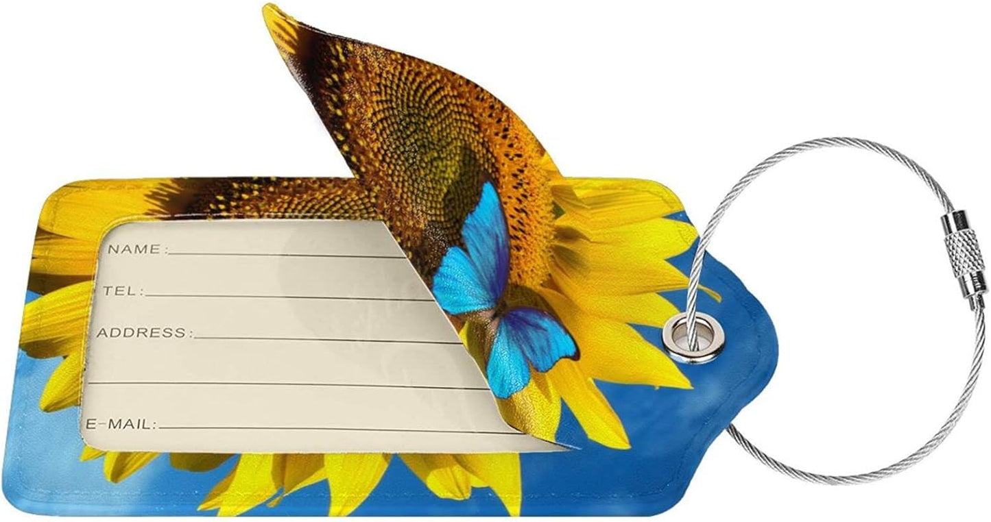 Set of 2 Pretty Sunflower Luggage Tags with Blue Butterfly Pattern, Yellow Flower Leather Suitcase Tag Privacy Name ID Card Travel Bag Labels with Stainless Steel Loop Birthday Gifts for Women Girls