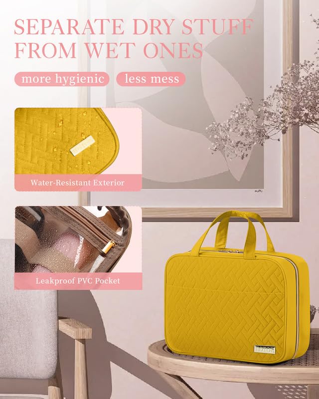HOTOR Travel Toiletry Bag w/Hanging Hook - Spacious Toiletry Bag Essentials for Women & Men, Makeup Bag/Big Comparment, Waterproof for Travel Accessories, Medium, Yellow