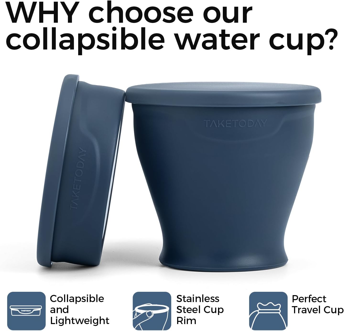 TakeToday 2PCS Collapsible Travel Cup - Silicone Foldable Water Cup, BPA-Free with Lid & Waterproof Bag - Drinking Cup Set for Camping, Outdoors & International Travel（8 Oz, Navy & Lowcountry Peach）