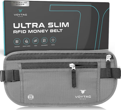 Travel Money Belt & Passport Holder - RFID Blocking Slim Travel Wallet & Fanny Pack for Men and Women - Essential Travel Pouch for Cash, Credit Cards, and Documents (Grey)