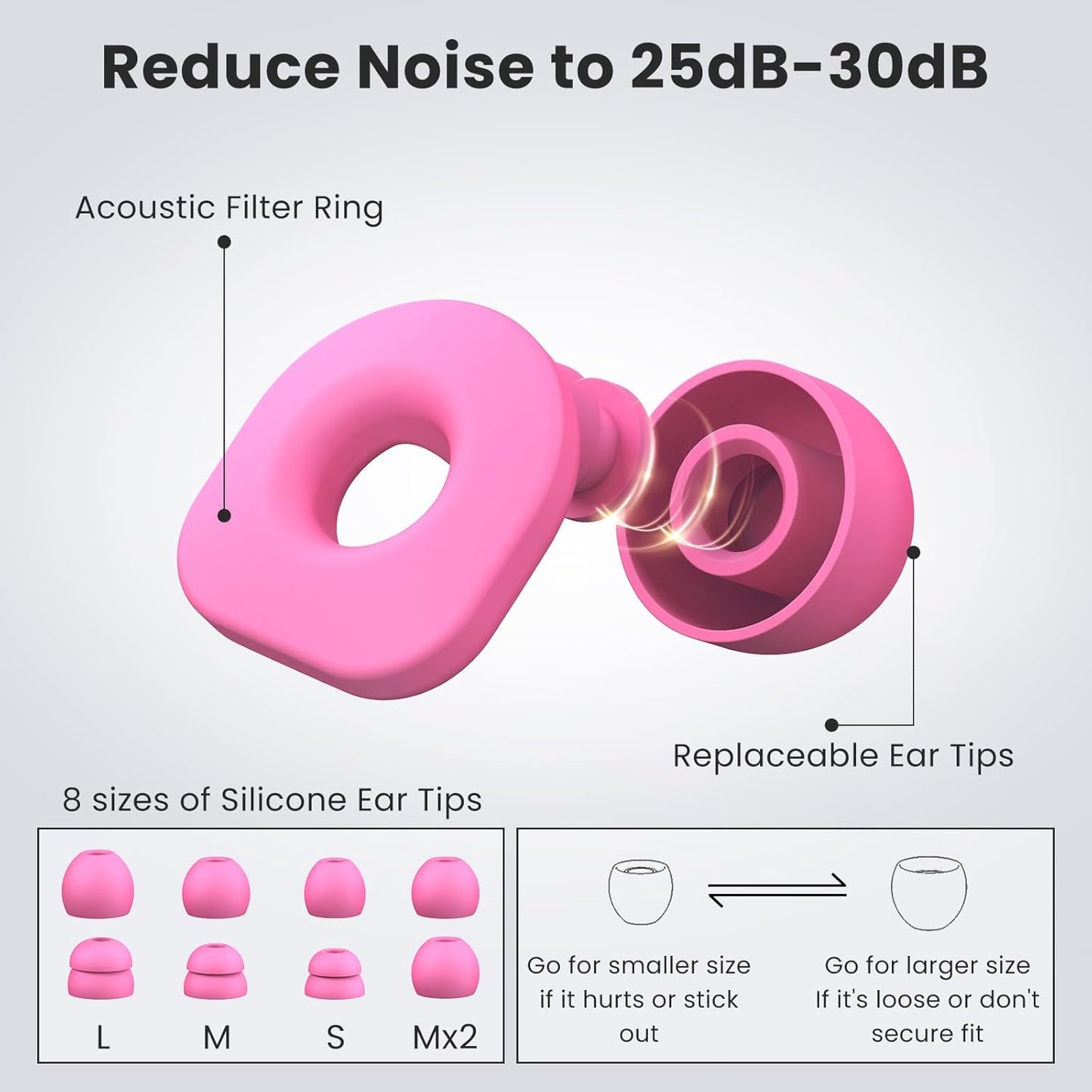 2 Pairs of Earplugs for Sleeping,Reusable Hearing Protection Earplugs with 8 Pairs Ear Tips & One Connector Cord,Soft Earplugs for Noise Reduction,Concert,Musician & Work - 25dB-30dB