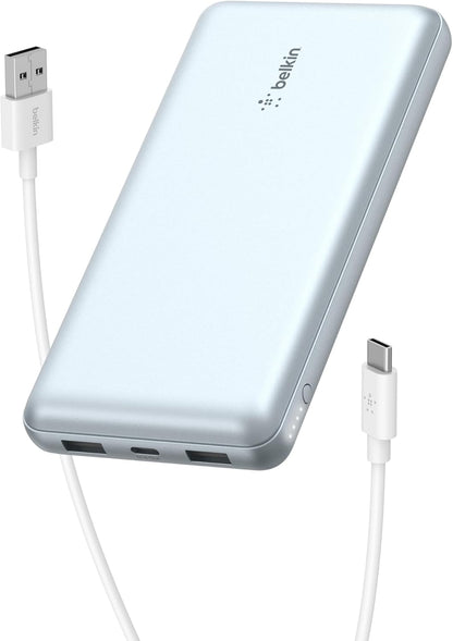 Belkin Portable Charger, USB-C Power Bank 20000 mAh w/ 2 USB-A Ports, 15W w/Type-A to Type-C Cable for iPhone 16, Samsung Galaxy S25, iPad, Nintendo Switch 2, Google Pixel 10, etc. - Pearl Blue