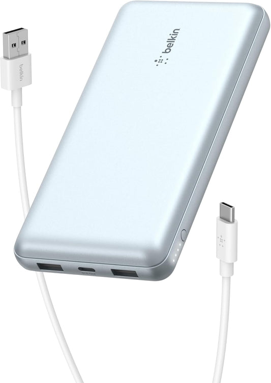 Belkin Portable Charger, USB-C Power Bank 20000 mAh w/ 2 USB-A Ports, 15W w/Type-A to Type-C Cable for iPhone 16, Samsung Galaxy S25, iPad, Nintendo Switch 2, Google Pixel 10, etc. - Pearl Blue