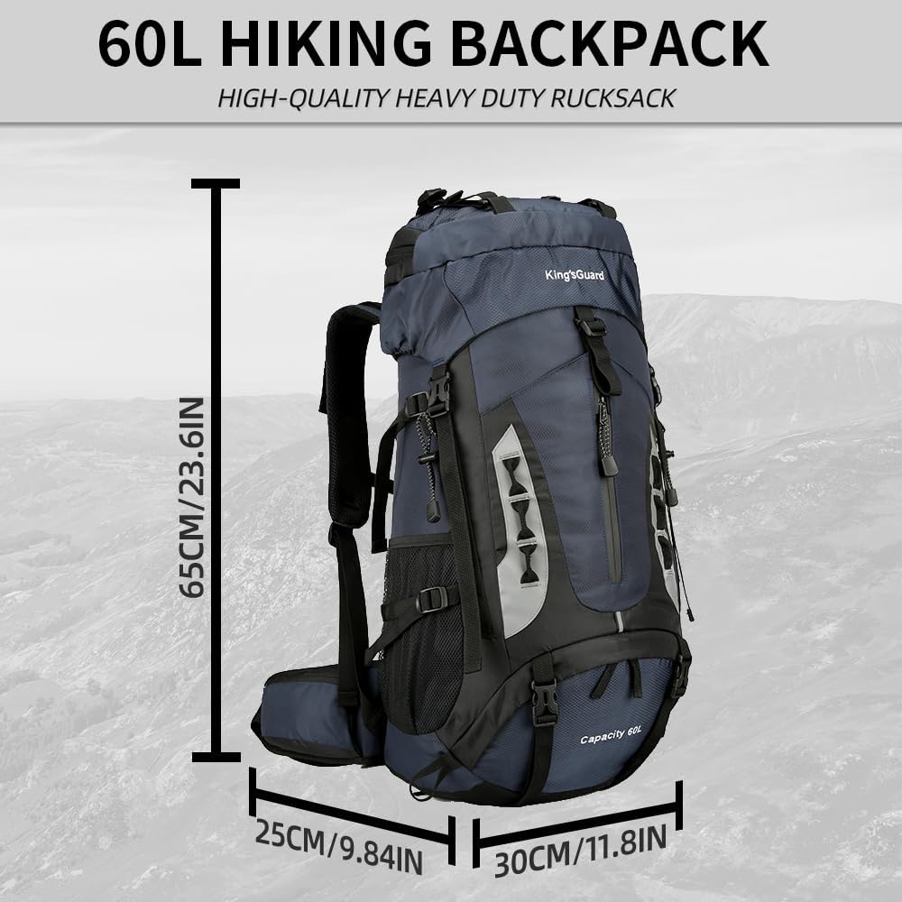 King'sGuard 60L Hiking Backpack Large Waterproof Camping Backpack for Men and Women Lightweight Frameless Backpacking Backpack with Rain Cover (Navy Blue)