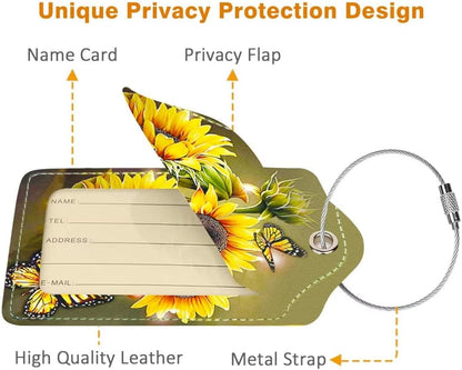 2 Pack Luggage Tag for Suitcase, Cute Unique Leather Bag Tags Identifiers Privacy Cover ID Label with Durable Steel Loop for Women Men Kids Girls Travel, Sunflower