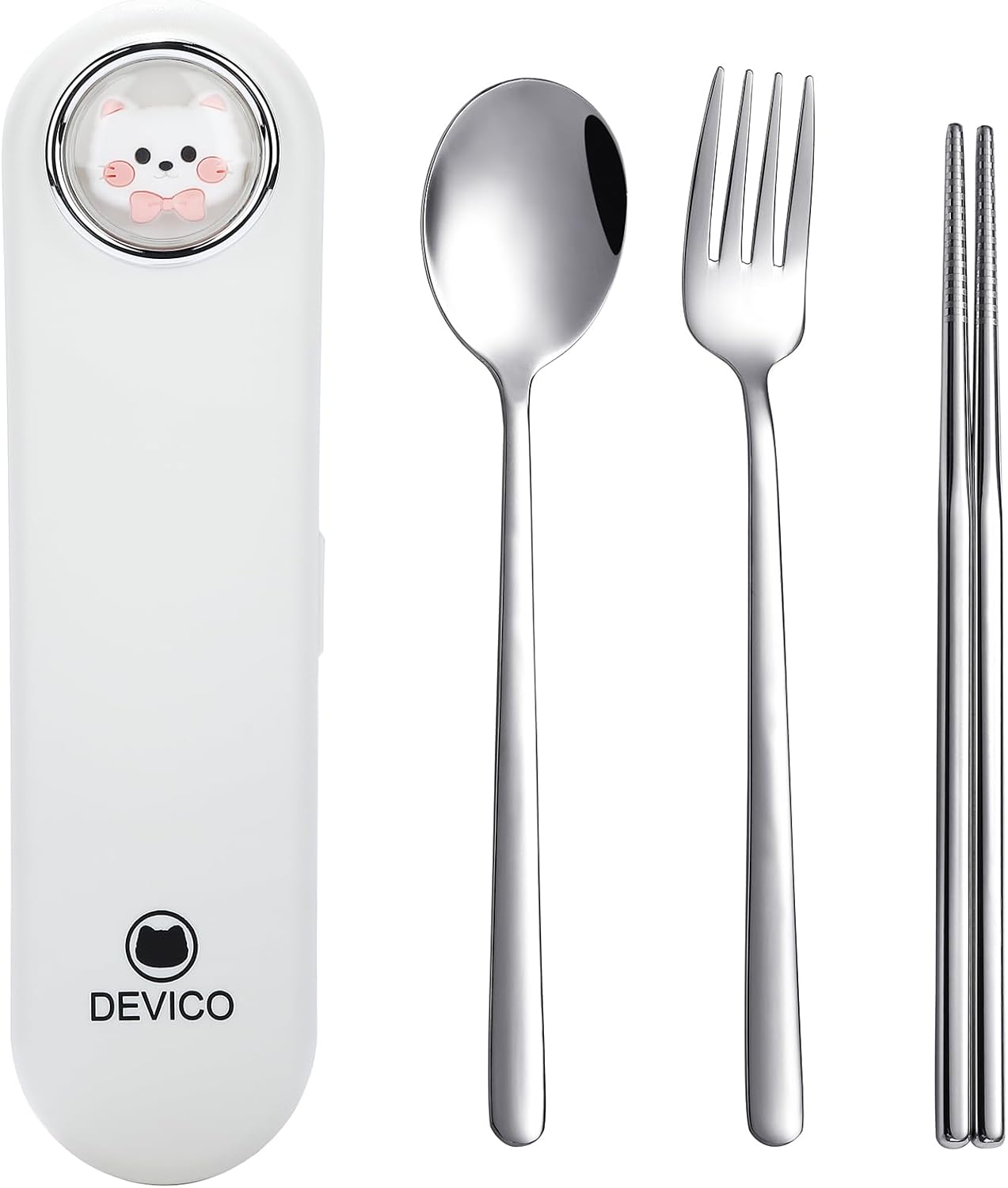DEVICO Travel Utensils with Case Cute, Reusable Silverware for Lunch, Portable Cutlery Set, 18/8 Stainless Steel Fork Spoon Chopsticks in Cartoon Case, Dishwasher Safe (White)