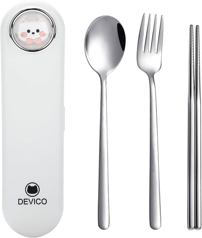 DEVICO Travel Utensils with Case Cute, Reusable Silverware for Lunch, Portable Cutlery Set, 18/8 Stainless Steel Fork Spoon Chopsticks in Cartoon Case, Dishwasher Safe (White)