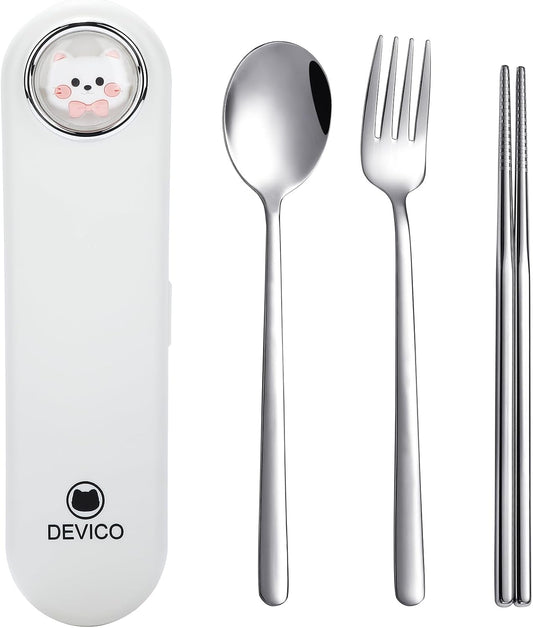 DEVICO Travel Utensils with Case Cute, Reusable Silverware for Lunch, Portable Cutlery Set, 18/8 Stainless Steel Fork Spoon Chopsticks in Cartoon Case, Dishwasher Safe (White)