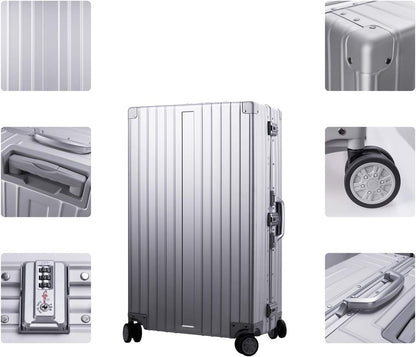 TRAVELKING All Aluminum Luggage Zipperless Hard Shell Luggage Case with TSA Lock Spinner Alloy Metal Suitcase (Silver, 24")