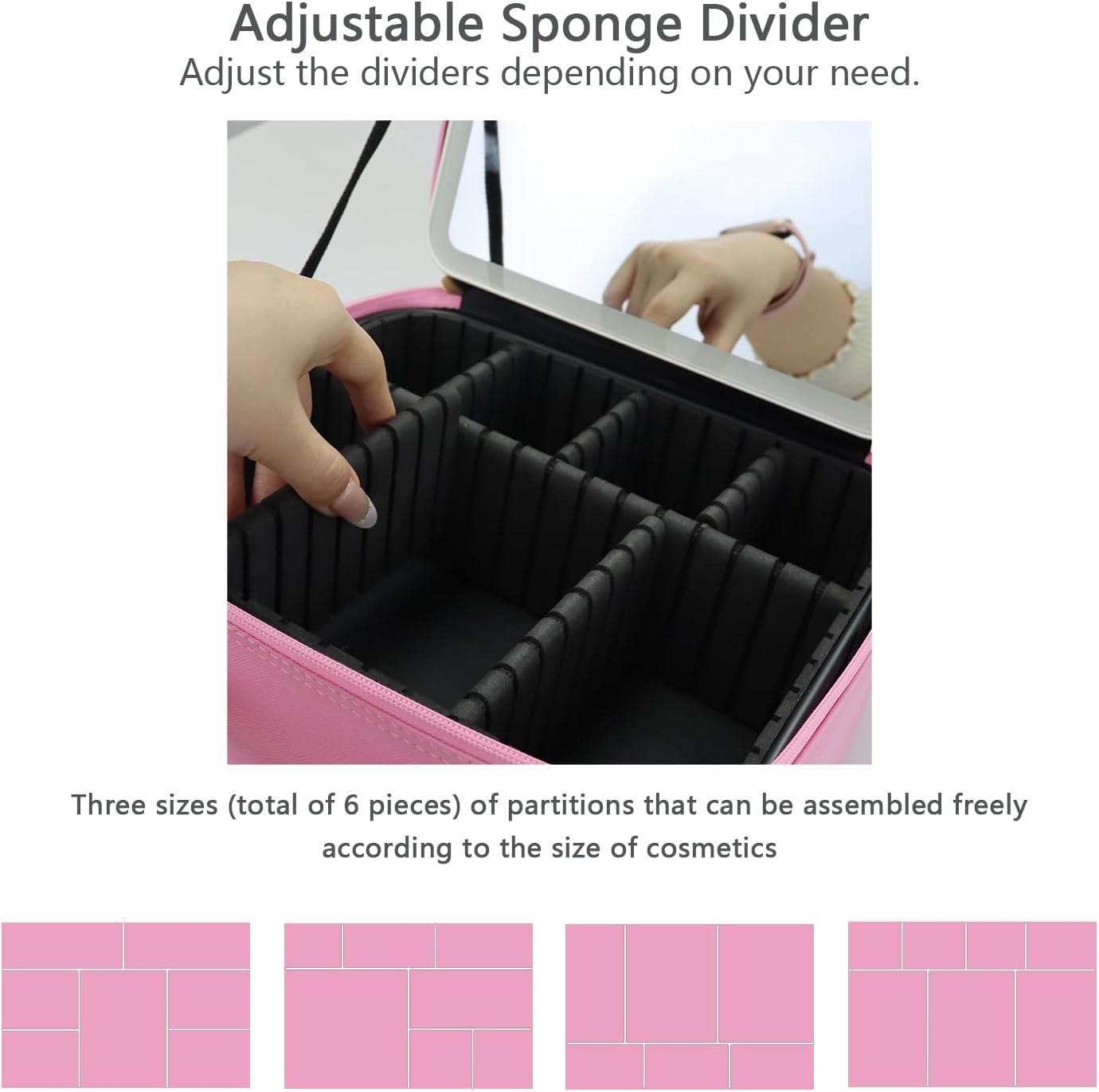 Makeup Bag with Led Mirror,Travel Makeup Organizer with 3 Color Setting & 10X Magnifying Mirror, Portable Storage and Adjustable Dividers Travel Makeup Bag-Dark Pink