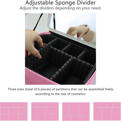 Makeup Bag with Led Mirror,Travel Makeup Organizer with 3 Color Setting & 10X Magnifying Mirror, Portable Storage and Adjustable Dividers Travel Makeup Bag-Dark Pink