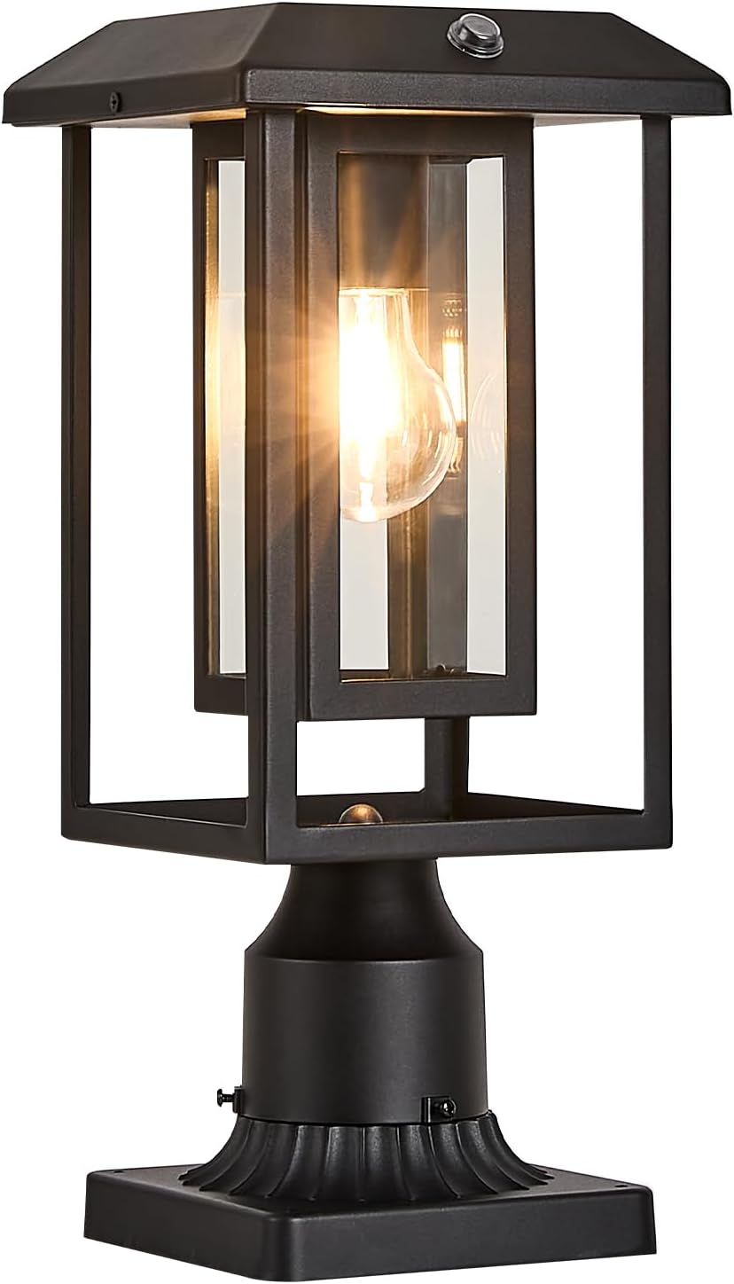 Solar Lamp Post Lights for Outdoor with Pier Mount Base, Dusk to Dawn Pole Light Head with Waterproof, Exterior Solar Powered Pillar Lights Fixture for Yard, Garden, Pathway, Black