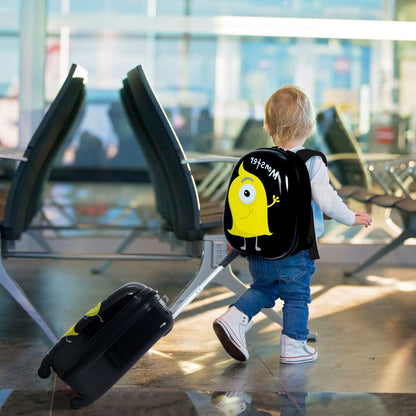 HONEY JOY Kids Luggage, 12" Toddler Backpack & 16" Travel Suitcase with Wheels, Lightweight Toddler Girls Suitcase, Durable ABS Hardshell, 2Pcs Carry On Luggage Set for Boys Girls, Black Monster