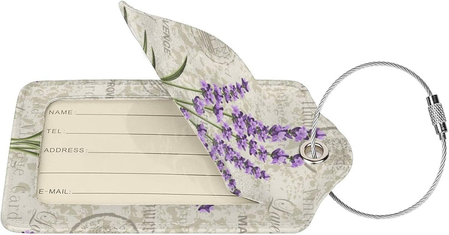 2 Pcs Purple Lavender Luggage Tags for Women Girls Travel, Cute Flower PU Leather Bag Tags Baggage for Suitcases with Stainless Steel Loop & Privacy Name ID Card Cover Identifiers Labels Set