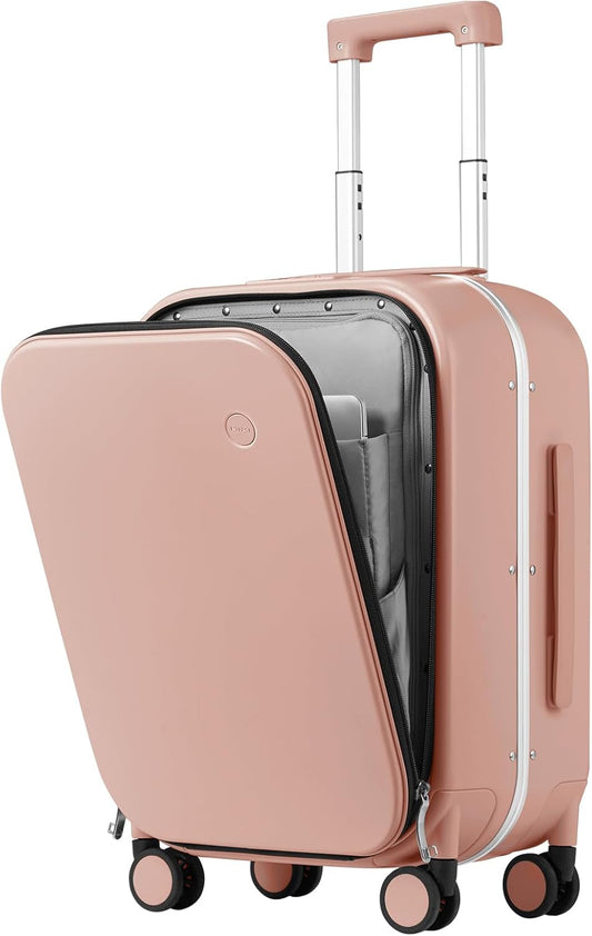 mixi Carry On Luggage, 20'' Suitcase with Front Laptop Pocket, Travel Rolling Luggage Aluminum Frame PC Hardside with Spinner Wheels & TSA Lock and Cover - Pink
