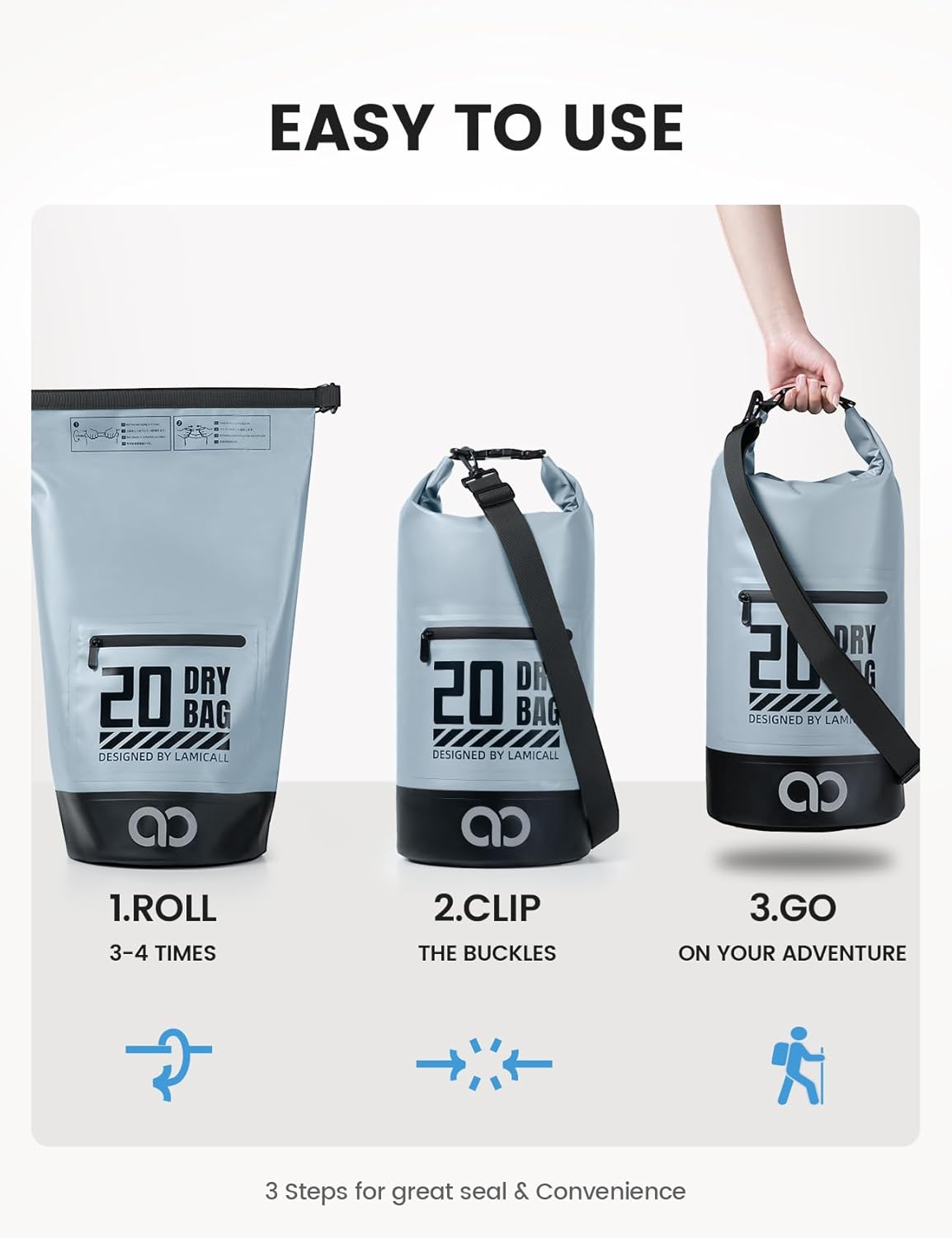 Lamicall Dry Bag Waterproof Backpack - [Zippered Pocket] 5L/10L/20L/30L/40L Roll Top Waterproof Bag with Water Proof Phone Pouch, Floatable Drybag for Swimming, Boating, Kayaking, Camping, Beach