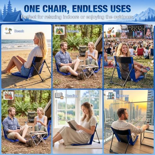 2pack Foldable Floor Chair with Back Support Folding Beach Chair, Blue