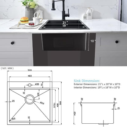 21 Inch Drop In Bar Sink- Bokaiya 21x20 Black Stainless Steel Drop In Wet Bar - Image 8