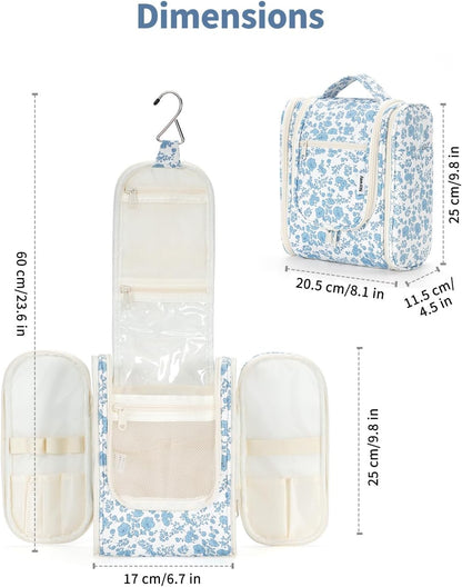 Narwey Hanging Toiletry Bag Women Travel Makeup Bag Organizer Toiletries Bag for Travel Size Essentials Accessories Cosmetics (Medium,Little Blue Flower)