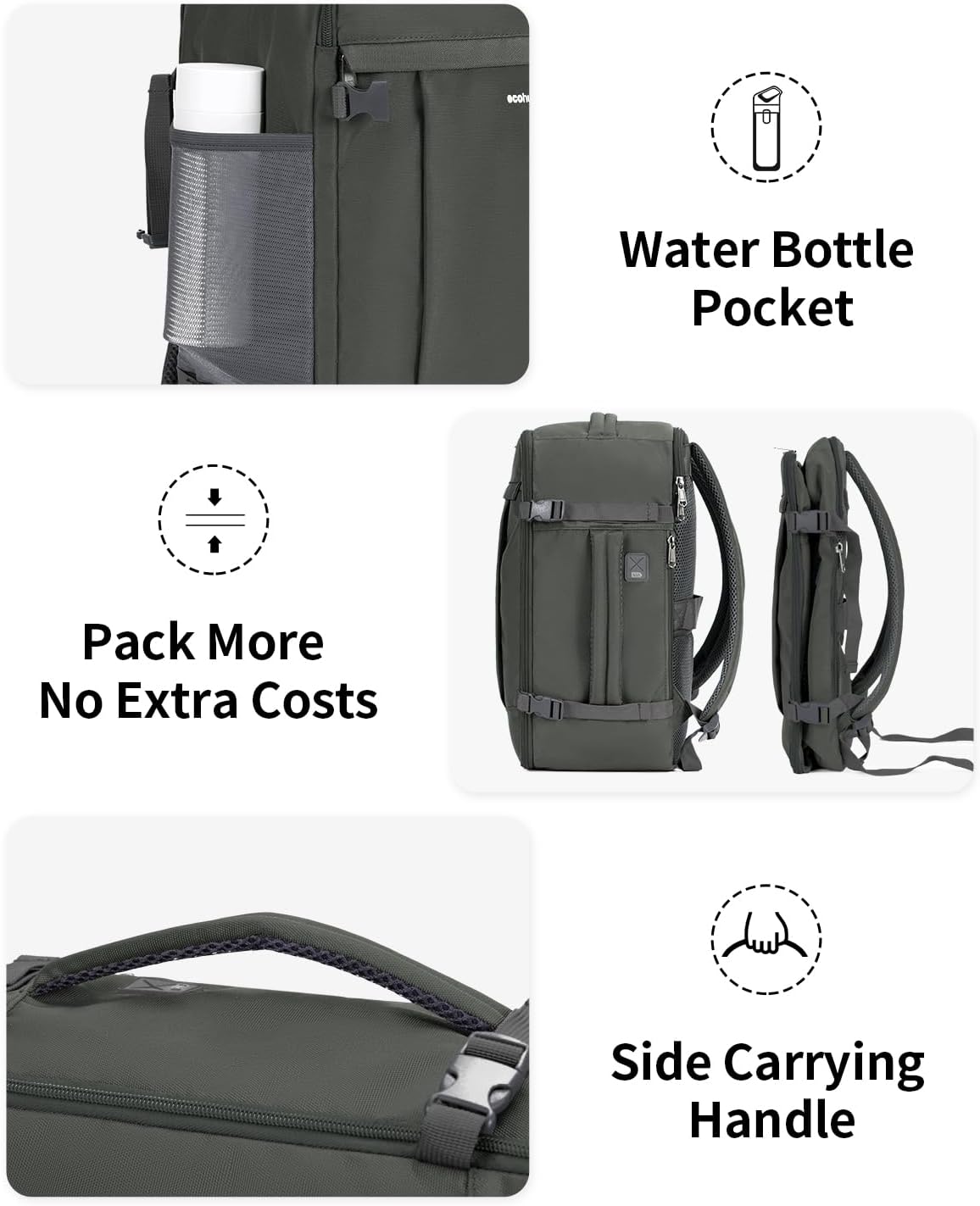 ECOHUB Travel Backpack for Men Women, Carry on Backpack with USB Charging Hole, Spirit Airlines Personal Item Bag Flight Approved, 15.6 Inch Laptop Backpack with Anti Theft Pockets, 30L, Grey Green