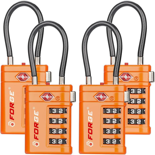Forge TSA Approved Luggage Locks 4 Digit Combination TSA Travel Locks with TSA008, Open Alert Indicator, Zinc Alloy Body for Luggage, Suitcase, Backpack, and More. Orange 4 Locks.