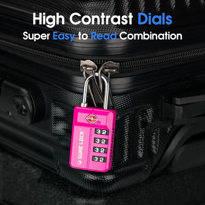 SURE LOCK TSA Approved 4-Digit Resettable Combination Luggage Locks with Open Alert, Easy-Read Dials - for Luggage, School Lockers, Gym, Office, Toolbox & Security Cases(4 Assorted Colors)