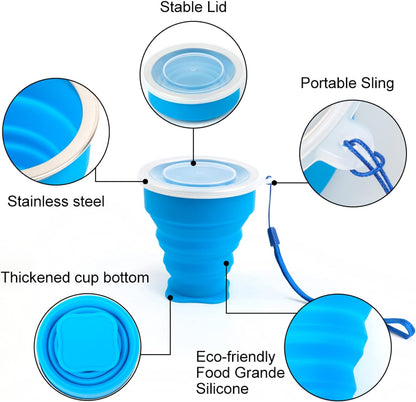3 Pack Collapsible Water Cup Camping Cups Foldable Drinking Cup Travel Cups Silicone Collapsible Cups with Lid Portable Cup for Outdoor Hiking