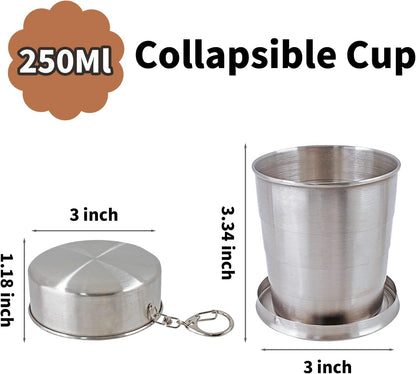 Litoexpe 8.45oz Collapsible Travel Cup With Keychain, Stainless Steel Folding Camping Cup Portable Drinking Mug For Hiking, Picnic and other Outdoor Activities, 250ml