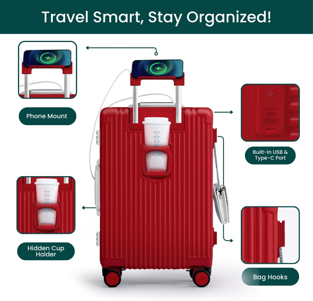 Nobl Travel Carry On Luggage, Noble Zipperless Aluminum Frame PC Hard Shell Suitcase, 22.5x15x9.5 Airline Approved, 360° Spinner Wheels, TSA Locks, USB Charging Port, Cup & Phone Holder - Red