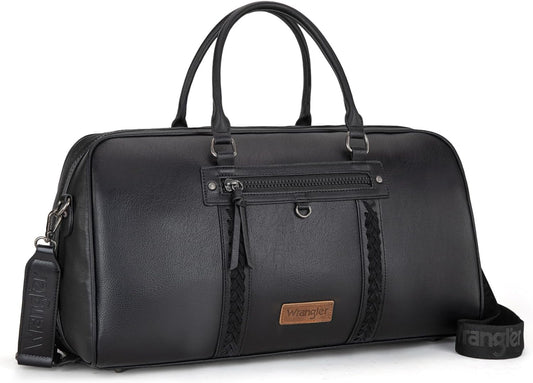 Wrangler Travel Duffel Bag Large Weekender Bag for Women Designer Carry on Overnight Bag for Trips Leather Luggage Bag Black
