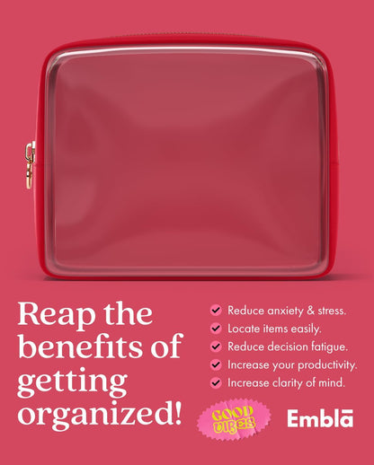 Clear Makeup Bag Zipper Pouch, Transparent Cosmetic Case Organizer, TSA Approved Travel Toiletry Case, Travel Accessories Essentials Makeup Tote for Women, Large Cute Make up Bag for Purse - Ruby