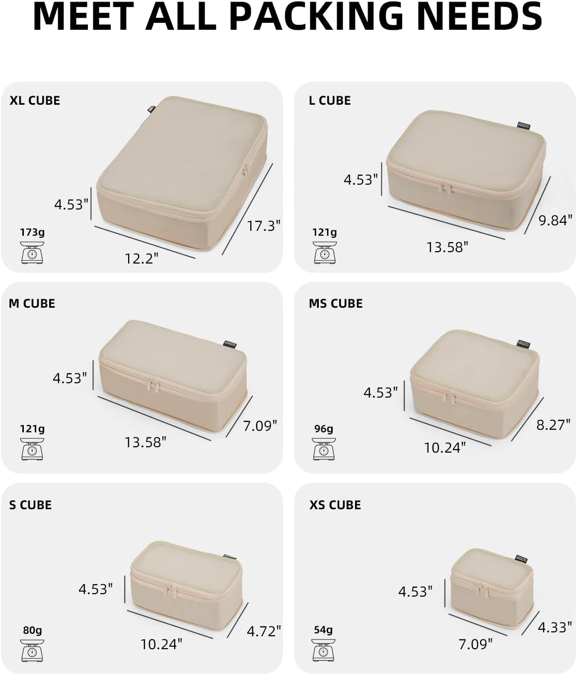 6 Set Compression Packing Cubes for Travel, Large Medium Small Luggage Organizers, Storage Bags for Clothes (6 Pack, Classic Khaki)