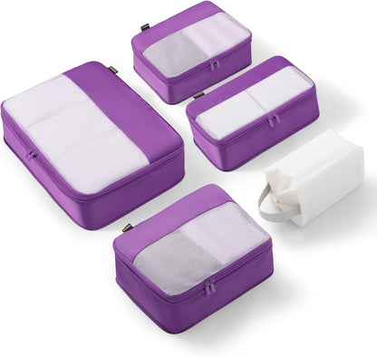 5 Set Compression Packing Cubes for Travel, Space Saving Luggage Organizer Bags (Bright Purple)