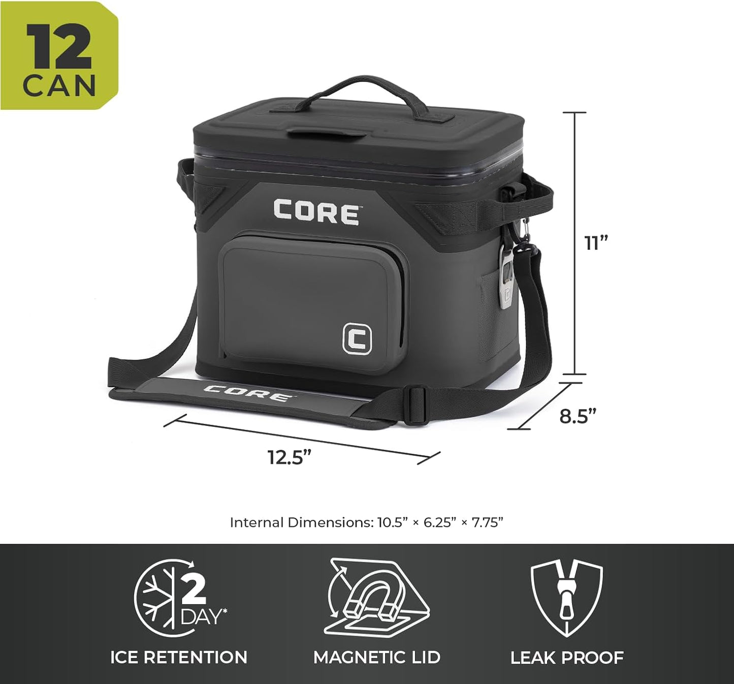 CORE Magnetic Leak Proof Soft Cooler with Waterproof Zipper | Insulated Bag Portable Ice Chest Box | Best Soft Cooler for Food & Beverages for Tailgating, Car Camping, Travel, and Family Beach Picnics
