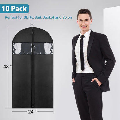 10 Pack - Moucas 43" Black Garment Bag, Mens Suit Bags for Closet Storage and Travel, Garment Bags for Hanging Clothes, Suit Cover Bags with Zipper for Coats, Jackets, Shirts