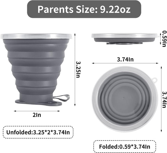 ME.FAN Silicone Collapsible Travel Cup - Silicone Folding Camping Cup with Lids - Expandable Drinking Cup Set - Portable, Graduated [9.22oz]